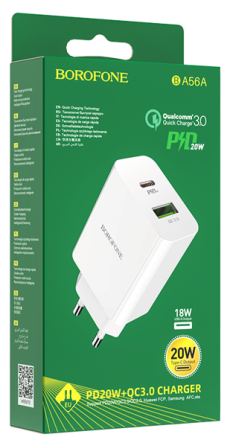  Сетевое зар. устр. Borofone BA56A 1USB/1C PD3.0/QC3.0 3A 20W белое