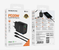 Сетевое зар. устр. Borofone BA83A с кабелем Type-C на Type-C 1USB/1C 20W QC3.0 черное