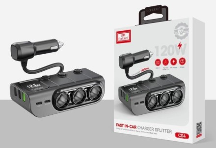  Разветвитель прикуривателя Earldom ET-CS4 120W 3 гнезда/3USB/2C + LCD черный