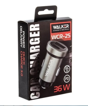  Автомобильное заряд. устр. Walker WCR-25 1USB/1C 36W серебристое