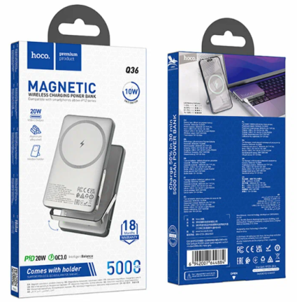  Powerbank с беспроводной зарядкой MagSafe Hoco Q36 5000mAh 1USB-C 20W серый