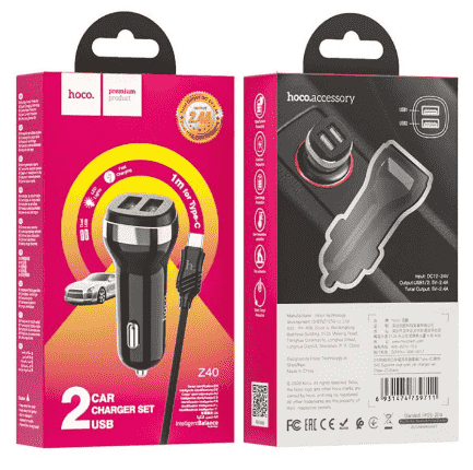  Автомобильное заряд. устр. Hoco Z40 с шнуром Type-C 2USB QC3.0 2.4A 18W черное