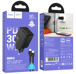 Сетевое зар. устр. Hoco N70 с шнуром Type-C на Lightning 1С 30W черное