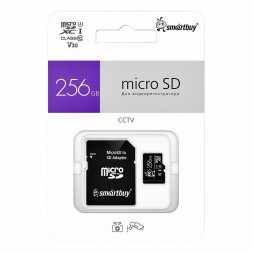 micro SDXC карта памяти Smartbuy 256GB cl10 U3 V30 для видеонаблюдения (с адаптером SD)