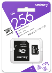 micro SDXC карта памяти Smartbuy 256GB cl10 U3 V30 для видеонаблюдения (с адаптером SD)