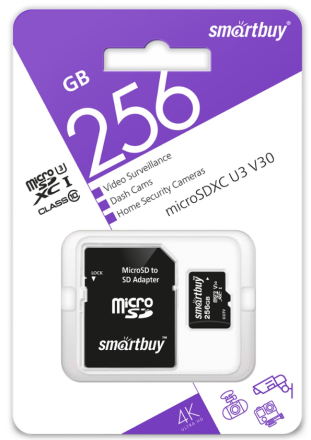  micro SDXC карта памяти Smartbuy 256GB cl10 U3 V30 для видеонаблюдения (с адаптером SD)