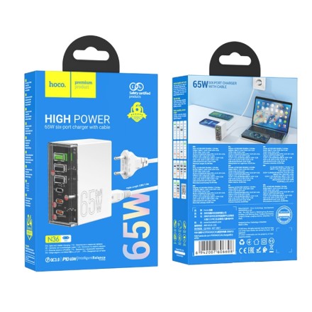  Сетевое зар. устр. Hoco N36 3USB/3C 65W белое