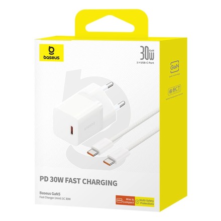  Сетевое зар. устр. Baseus GaN5 Mini 1C кабель Type-C на Type-C 30W P10110902213-00 белое