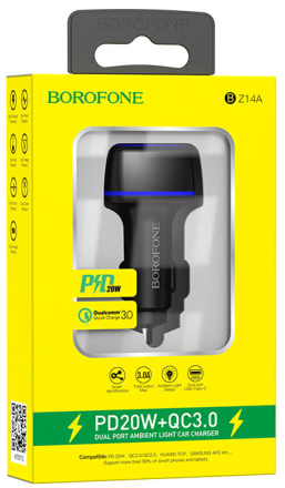  Автомобильное заряд. устр. Borofone BZ14A 1USB/1C QC3.0 20W черное