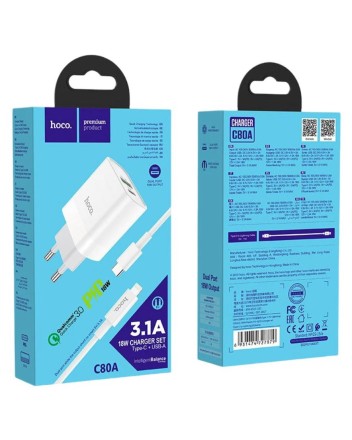  Сетевое зар. устр. Hoco C80A с шнуром Type-C на Lightning 1USB/1С PD3.0/QC3.0 3A 20W белое