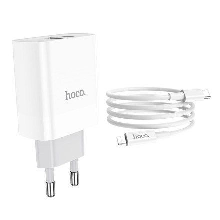 Сетевое зар. устр. Hoco C80A с шнуром Type-C на Lightning 1USB/1С PD3.0/QC3.0 3A 20W белое