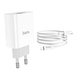 Сетевое зар. устр. Hoco C80A с шнуром Type-C на Lightning 1USB/1С PD3.0/QC3.0 3A 20W белое