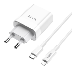 Сетевое зар. устр. Hoco C80A с шнуром Type-C на Lightning 1USB/1С PD3.0/QC3.0 3A 20W белое