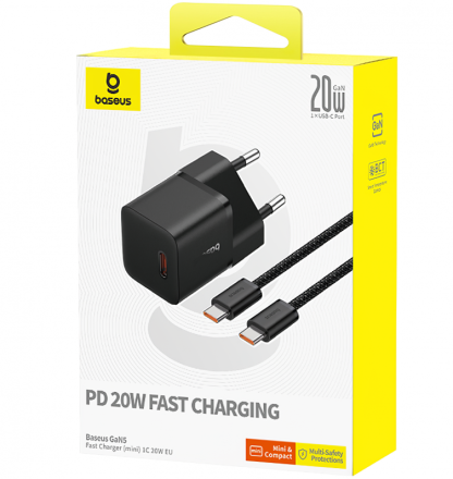  Сетевое зар. устр. Baseus GaN5 Mini 1C кабель Type-C на Type-C 20W P10110900113-01 черное