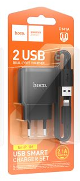  Сетевое зар. устр. Hoco C141A с шнуром Lightning 2USB 2.1A черное