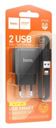 Сетевое зар. устр. Hoco C141A с шнуром Lightning 2USB 2.1A черное