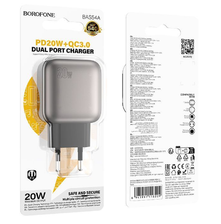  Сетевое зар. устр. Borofone BAS54A 1USB/1C 20W QC3.0 черное