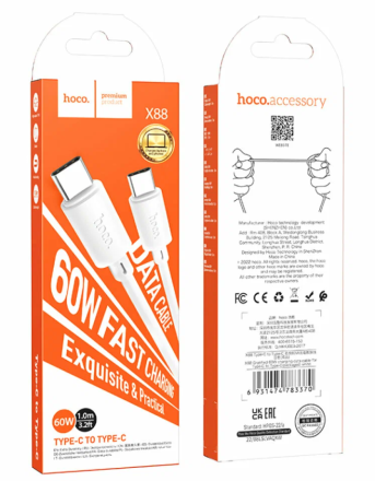  Usb Кабель-зарядка Type-C на Type-C Hoco X88 3.0A 60W 1M белый
