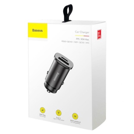  Автомобильное заряд. устр. Baseus Square Metal 1USB/1C 30W (CCALL-AS01) черное