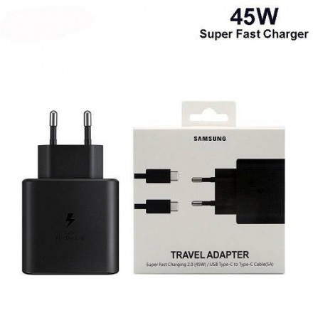 Сетевое зар. устр. для Samsung 45W TYPE-C с кабелем T-C - T-Cв упаковке черное (High copy)