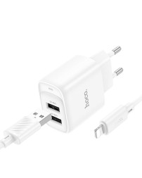 Сетевое зар. устр. Hoco C141A с шнуром Lightning 2USB 2.1A белое
