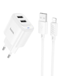 Сетевое зар. устр. Hoco C141A с шнуром Lightning 2USB 2.1A белое
