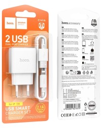 Сетевое зар. устр. Hoco C141A с шнуром Lightning 2USB 2.1A белое
