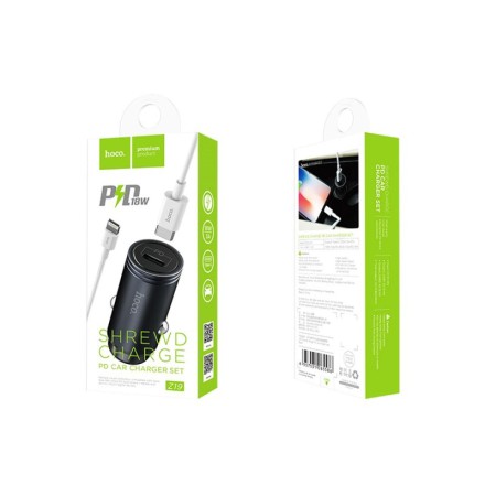  Автомобильное заряд. устр. Hoco Z19 1port Type-C QC3.0 с шнуром Lightning, черное