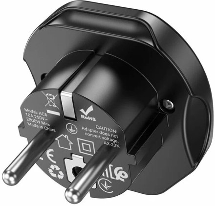  Сетевой переходник адаптер для евророзетки Hoco AC6 10А 250В черный