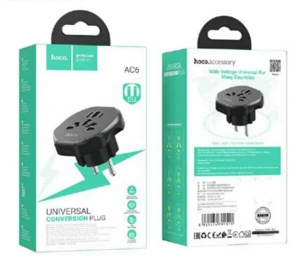  Сетевой переходник адаптер для евророзетки Hoco AC6 10А 250В черный