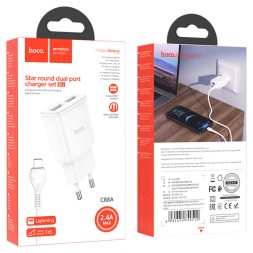 Сетевое зар. устр. Hoco C88A 2USB 2.4A с шнуром Lighting белое