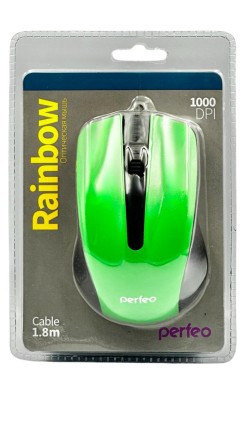  Мышь проводная Perfeo Rainbow USB/DPI 1000/3 кнопки/1.8м черно-зеленая