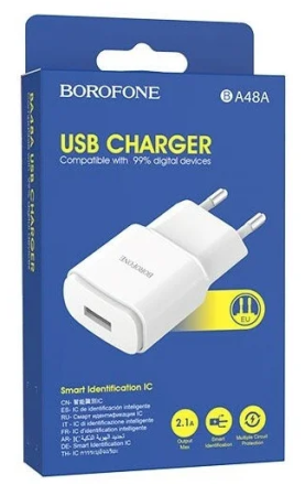  Сетевое зар. устр. Borofone BA48A 1USB 2.1A пластик белый