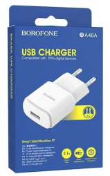 Сетевое зар. устр. Borofone BA48A 1USB 2.1A пластик белый