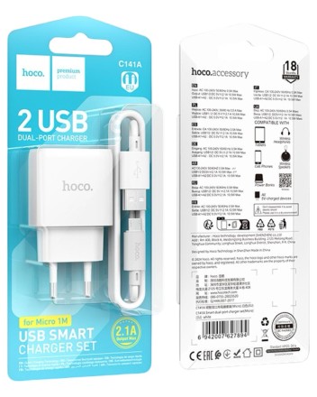  Сетевое зар. устр. Hoco C141A с шнуром Micro 2USB 2.1A белое