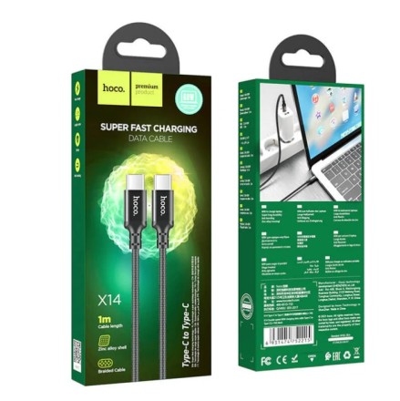 Usb Кабель-зарядка Type-C на Type-C Hoco X14 Double 3A 60W 1м в тканевой оплетке черный