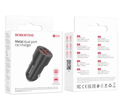  Автомобильное заряд. устр. Borofone BZ19 2USB 2.4A черное