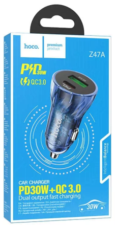  Автомобильное заряд. устр. Hoco Z47A 1USB/1USB-C 3A 30W синий