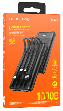  Powerbank Borofone BJ20 10000mAh 2USB 2A с проводом Type-C/Micro/Lightning черный