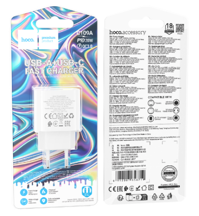  Сетевое зар. устр. Hoco C109A 1USB/1C 38W белое