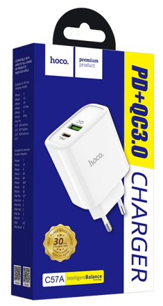  Сетевое зар. устр. Hoco C57A 1USB/1C 3A 18W белое