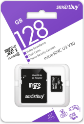 micro SDXC карта памяти Smartbuy 128GB Class10 U3 V30с адаптером SD) (SB128GBSDCCTV) 