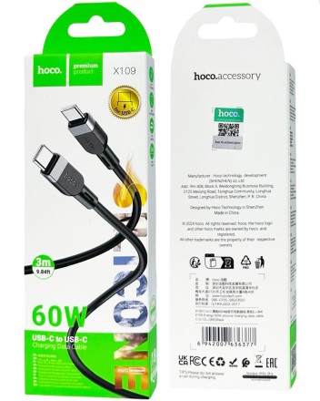  Usb Кабель-зарядка Type-C на Type-C Hoco X109 3A 60W 3м силиконовый черный