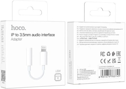  Кабель-переходник Hoco LS34 Lightning (папа) на AUX 3.5мм (мама) белый
