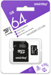 micro SDXC карта памяти Smartbuy 64GB cl10 U3 V30 для видеонаблюдения (с адаптером SD)