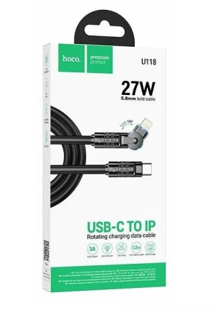  Usb Кабель-зарядка Type-C на Lighting Hoco U118 180 градусов 3A 27w 1.2м черный