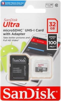  micro SDHC карта памяти SanDisk 32GB Class 10 U1 Ultra 100MB/s с адапт. (SDSQUNR-032G-GN3MA)