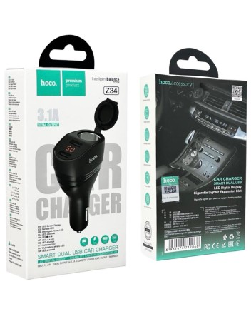  Автомобильное заряд. устр. Hoco Z34 + прикуриватель 2USB 3.1A дисплей черное