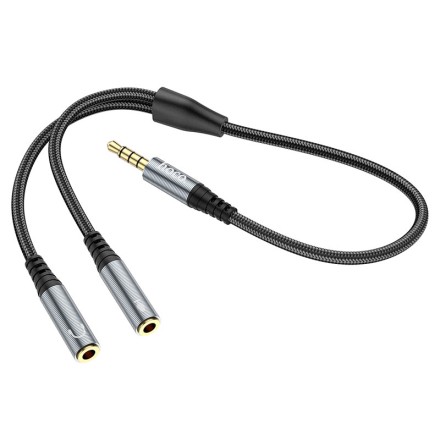  Разветвитель аудиокабель Hoco UPA21 AUX 3.5mm наушники (папа) + микрофон (2 мама) чёрный