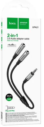  Разветвитель аудиокабель Hoco UPA21 AUX 3.5mm наушники (папа) + микрофон (2 мама) чёрный